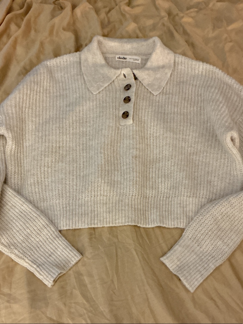 Elodie Cream Ribbed Polo Cropped V-Neck Sweater